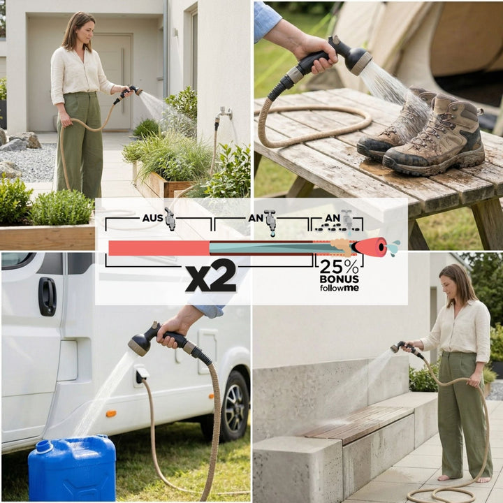 Beige flexible garden hose with spray nozzle by followme, shown in use watering plants, cleaning shoes, and washing a van, featuring coiled texture and black connectors in lifestyle scenes.