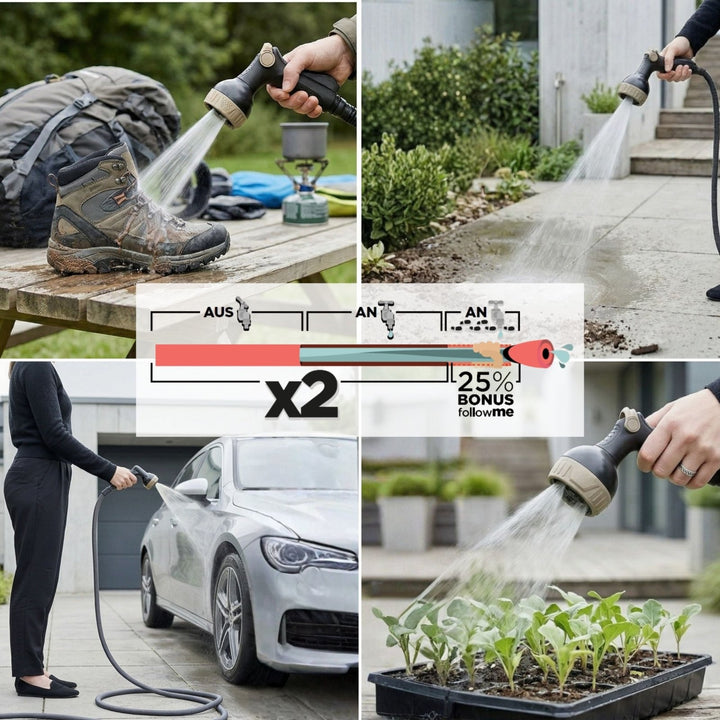 Gray flexible garden hose with spray nozzle, shown in use for cleaning boots, watering plants, and washing a car, featuring a black and beige spray head with adjustable settings.