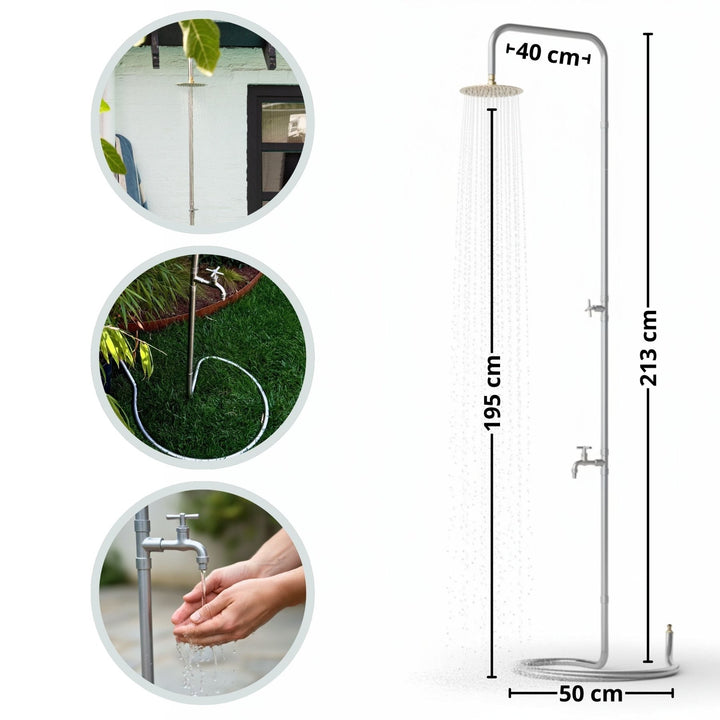 Edelstahl Gartendusche von LIVLIG, mit Wasserhahn und spiralförmiger Basis.