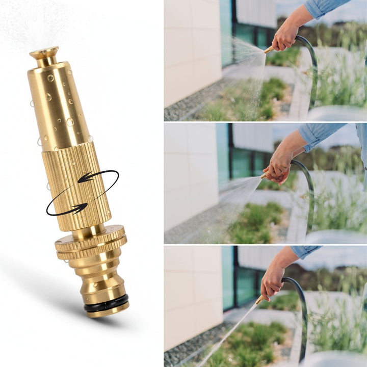 Goldener Gartenschlauch von LIVLIG mit Drehpfeilen, der beim Bewässern eines Gartens zu sehen ist.