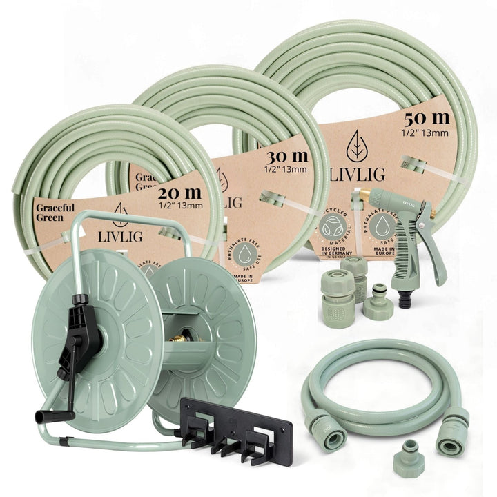 Graceful Green garden hose reel set by LIVLIG, featuring 20m, 30m, and 50m hoses with connectors and spray nozzle, mint green plastic with textured reel and black accents, studio shot.