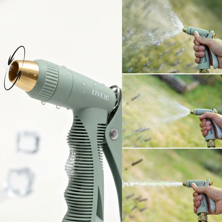 Grüne Gartenspritze aus Kunststoff von LIVLIG mit drehbarem Messingkopf und Wassertropfen auf der Oberfläche.