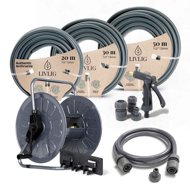 Anthracite garden hose set with reel by LIVLIG, featuring 20m, 30m, and 50m hoses, spray nozzle, connectors, and wall mount, textured gray finish, studio layout