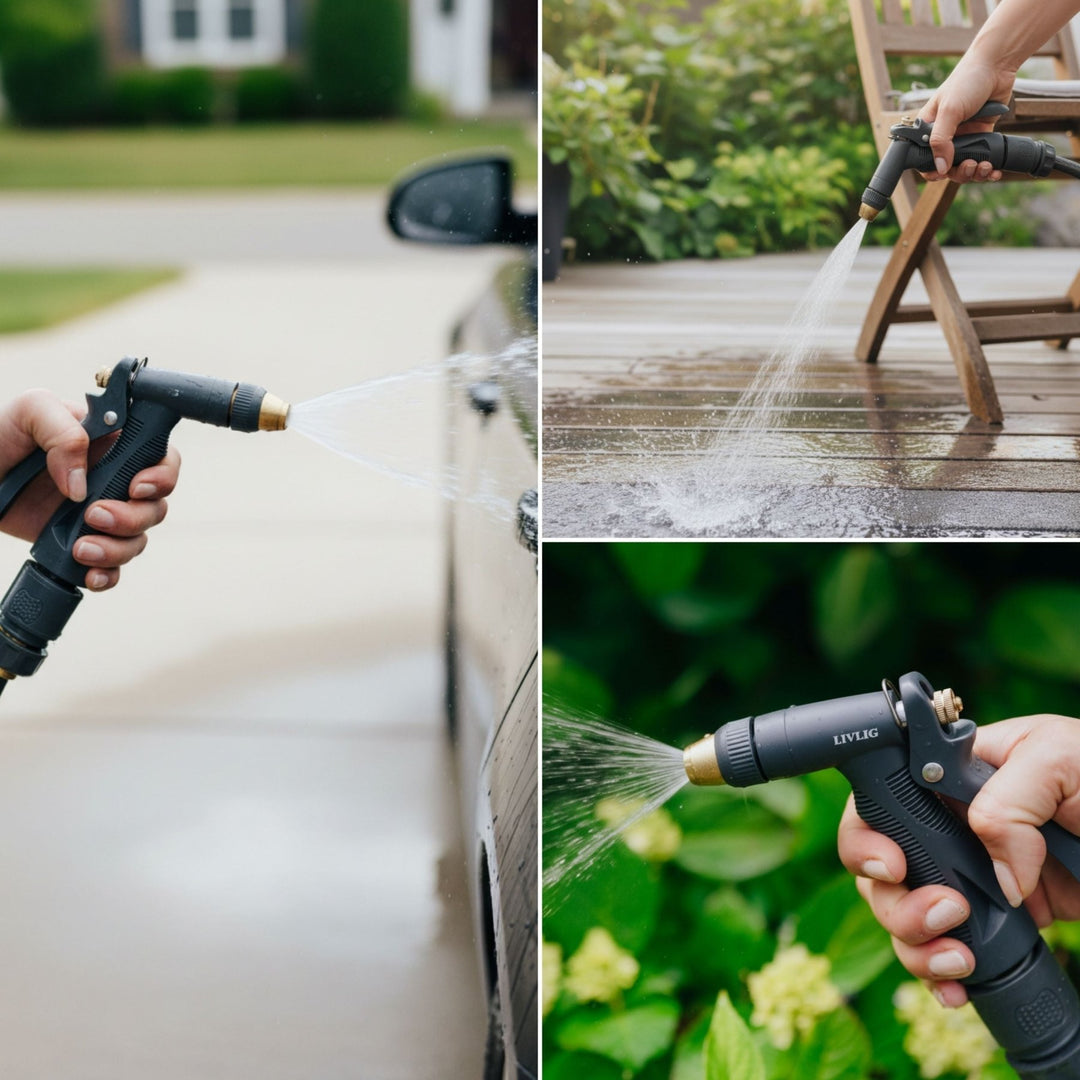 Anthrazitfarbenes Gartenschlauch-Set mit Trommel von LIVLIG, das zum Reinigen eines Autos und einer Terrasse verwendet wird.