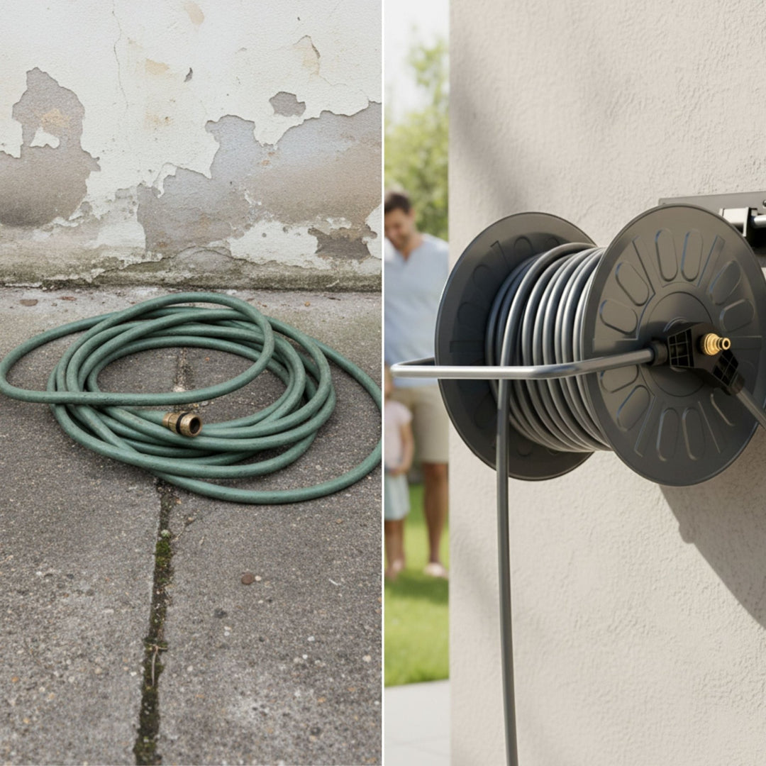 Anthrazitfarbenes Gartenschlauch-Set mit Trommel Authentic von LIVLIG, aufgerollt an der Wand, neben losem Schlauch.