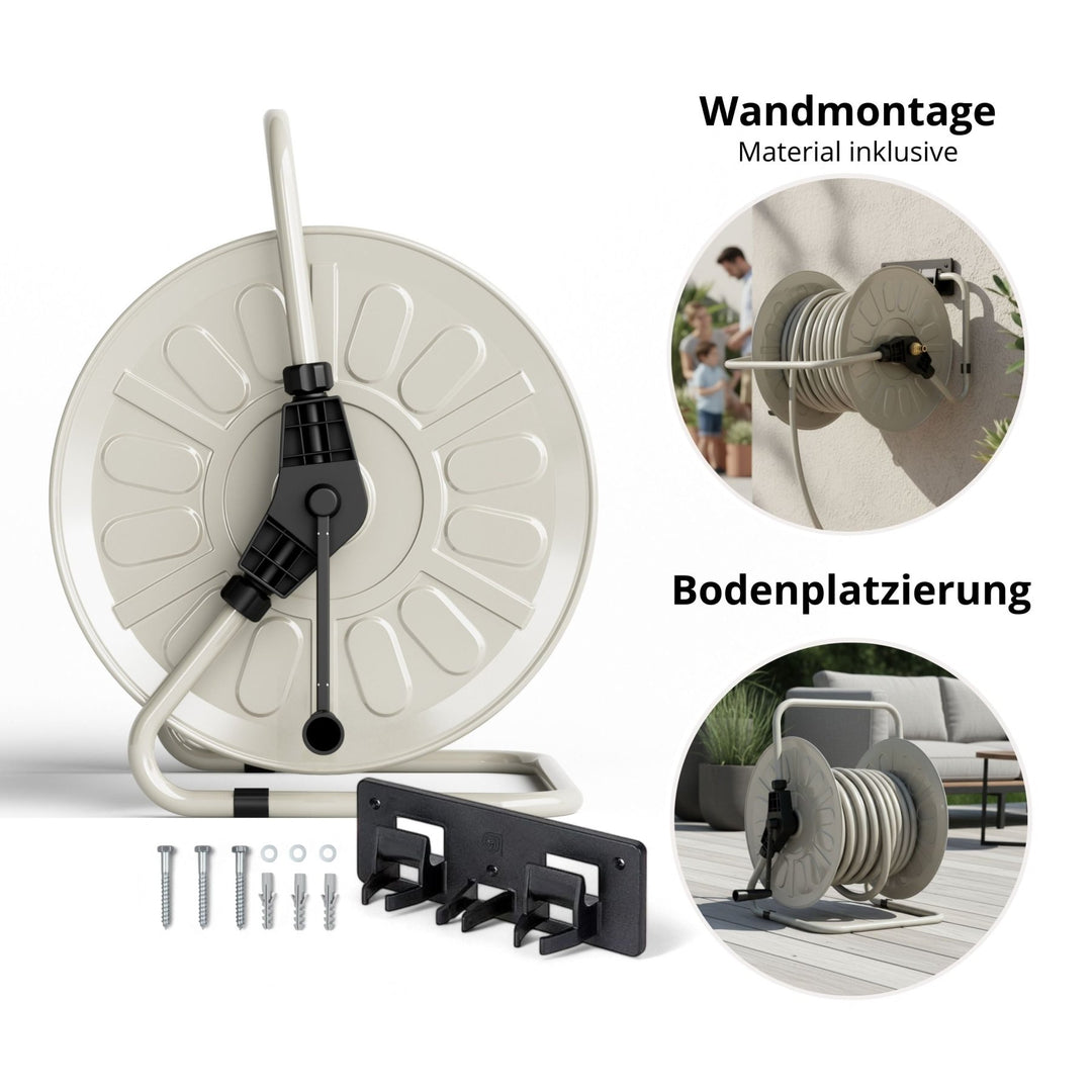 Gartenschlauch-Set mit Trommel in Gentle Greige von LIVLIG, inklusive Montagematerial zur Wand- oder Bodenplatzierung.