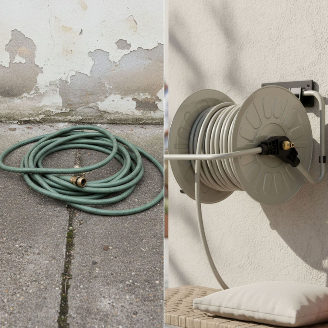 Grauer Gartenschlauch mit Trommel von LIVLIG, aufgerollt an einer Wand mit Schattenwurf.