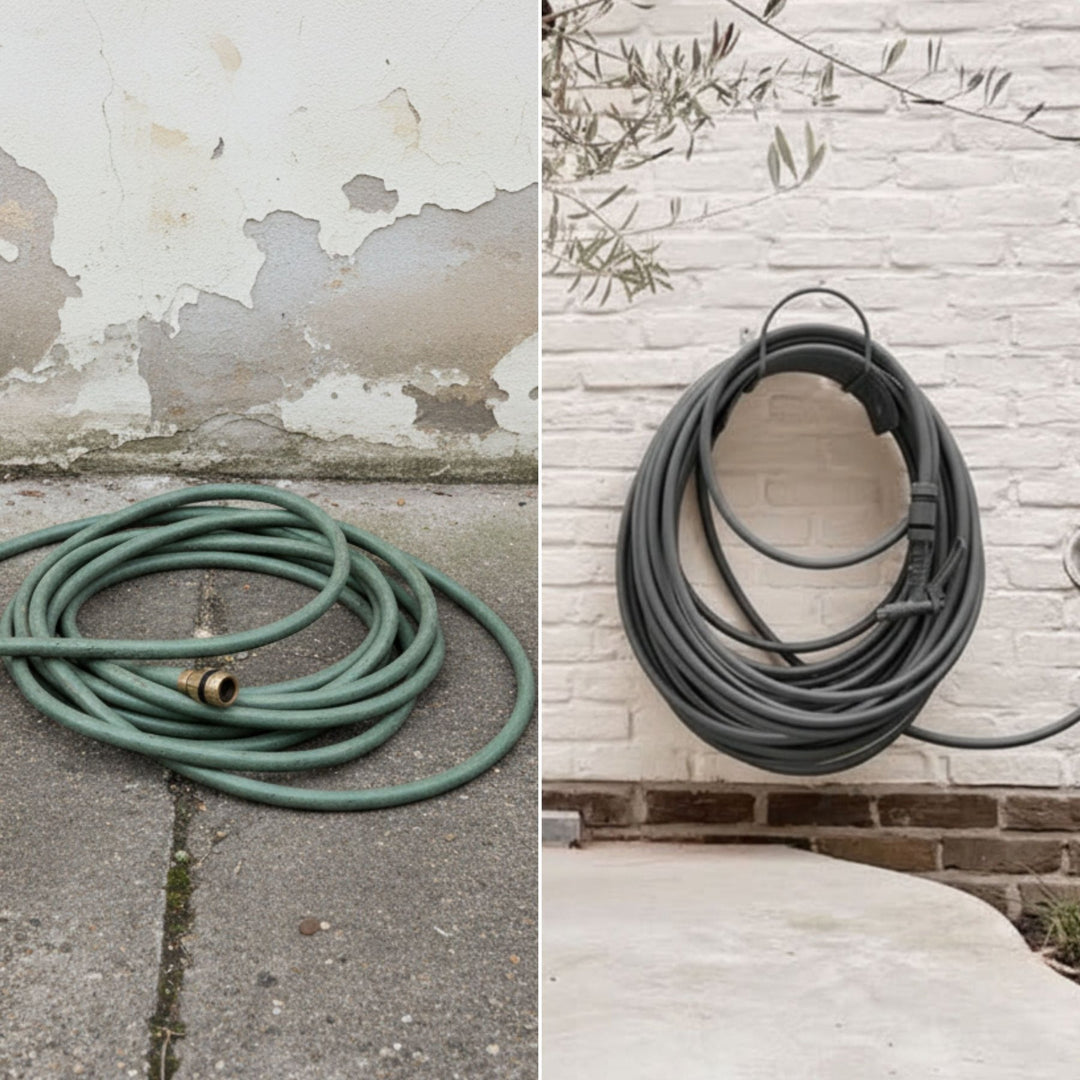 Anthrazitfarbenes Gartenschlauch-Set mit Wandhalterung von LIVLIG, aufgerollt und ordentlich an einer weißen Ziegelwand befestigt.
