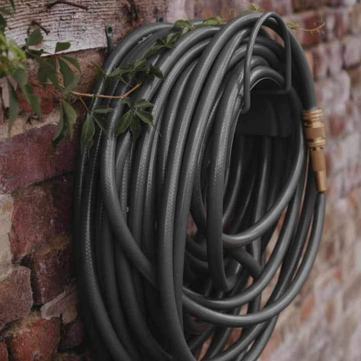 Anthrazitfarbenes Gartenschlauchset mit Wandhalterung von LIVLIG, an einer Backsteinmauer mit Grünzeug befestigt.