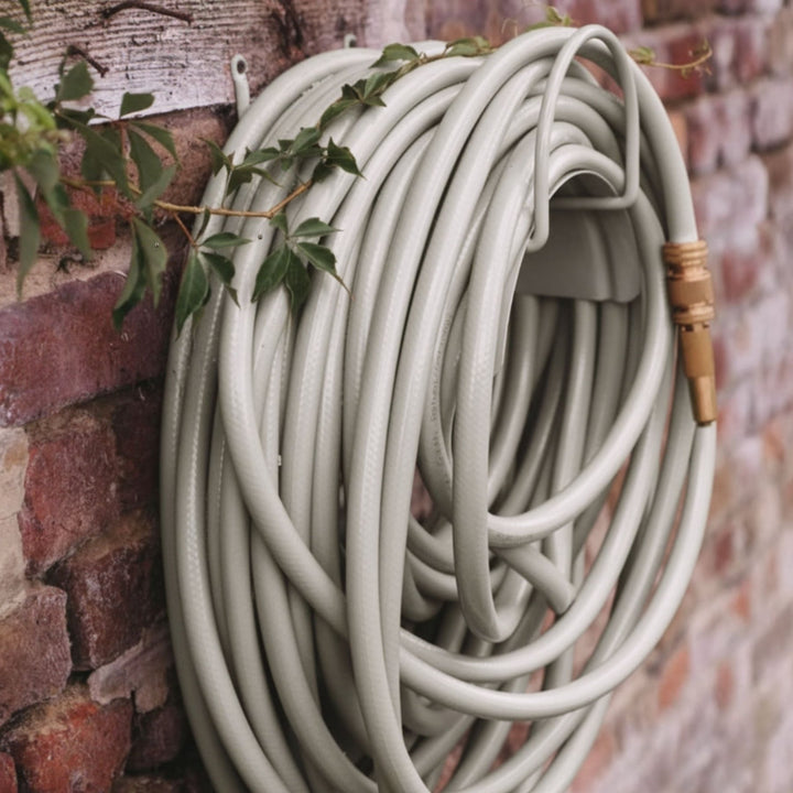 Gartenschlauch-Set in Gentle Greige mit Wandhalterung von LIVLIG, auf einer Ziegelmauer mit Kletterpflanze aufgehängt.