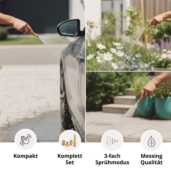 Gartenspritze im Set aus Messing von LIVLIG, mit verschiedenen Aufsätzen zum Autowaschen, Gießen von Blumen und Pflanzen.