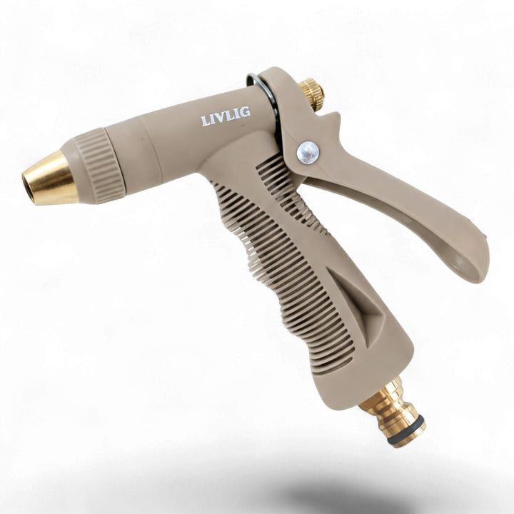 Beige Gartenspritze Kunststoff von LIVLIG mit geriffeltem Griff und goldenen Akzenten.