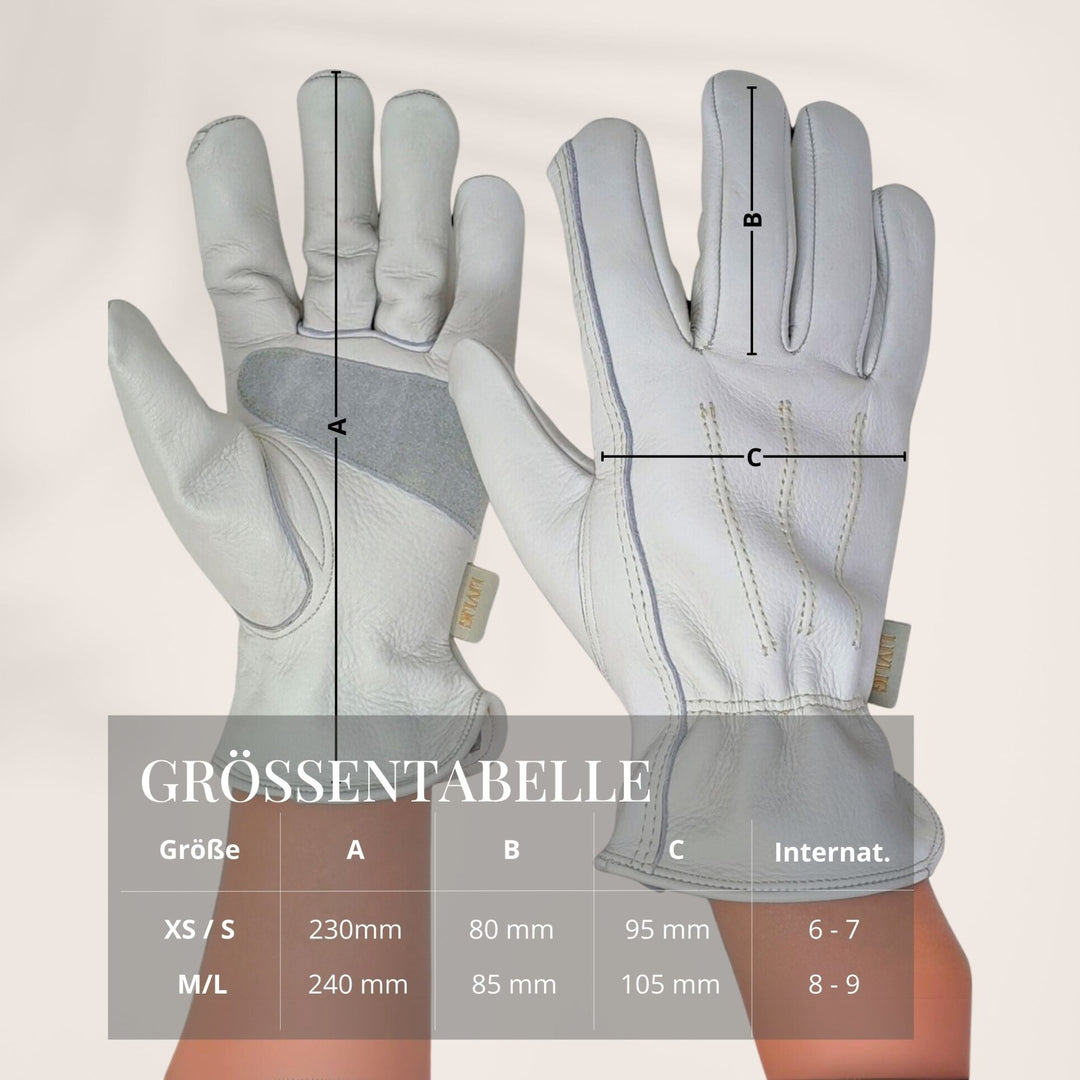 Gartenhandschuhe aus Leder von LIVLIG mit Größenangaben in einer Tabelle dargestellt.