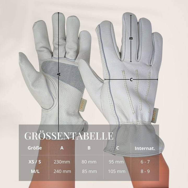 Gartenhandschuhe aus Leder von LIVLIG mit Größenangaben in einer Tabelle dargestellt.