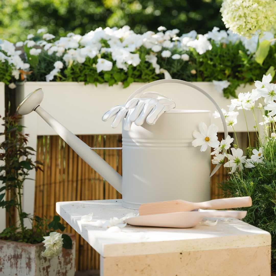 Helles Gartenstillleben: Graue Gießkanne mit Handschuhen, Holzschaufeln auf Steintisch vor weißem Blumenkasten und üppigem Grün. Sonnig, friedlich.
