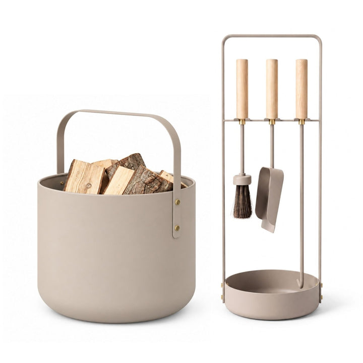 Kaminset – Kaminbesteck &amp; Kaminholzkorb aus Metall, , Beige,LIVLIG