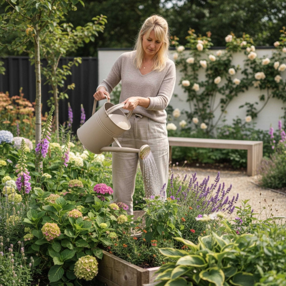 Metall Gießkanne 10L mit zwei Henkeln von LIVLIG, während eine Frau in einem Garten gießt.