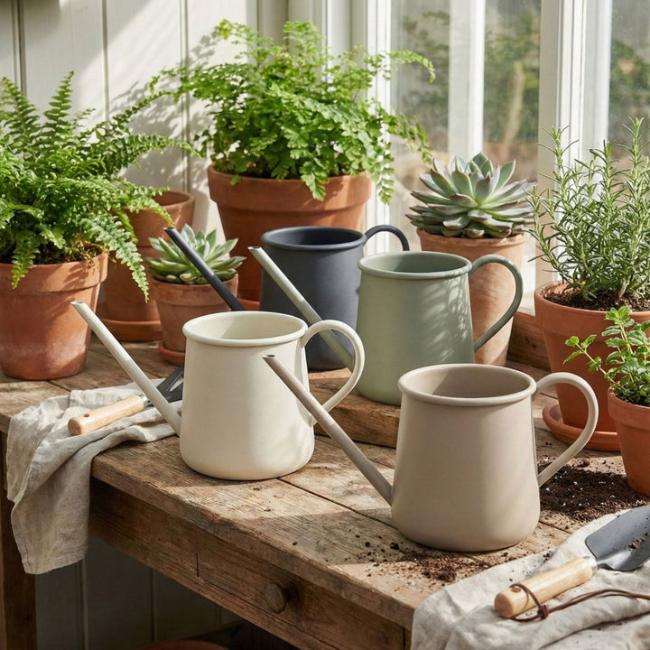 Metall Gießkanne 1L von LIVLIG, in verschiedenen Farben, mit Pflanzen und Gartengeräten auf einem Holztisch.