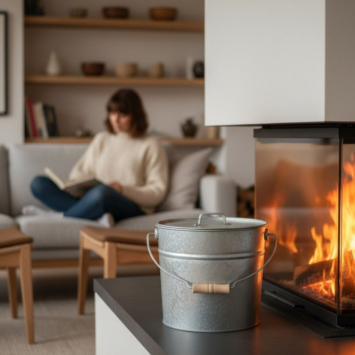Metallener Ascheeimer mit Deckel von LIVLIG neben einem Kamin, mit Frau im Hintergrund auf dem Sofa.