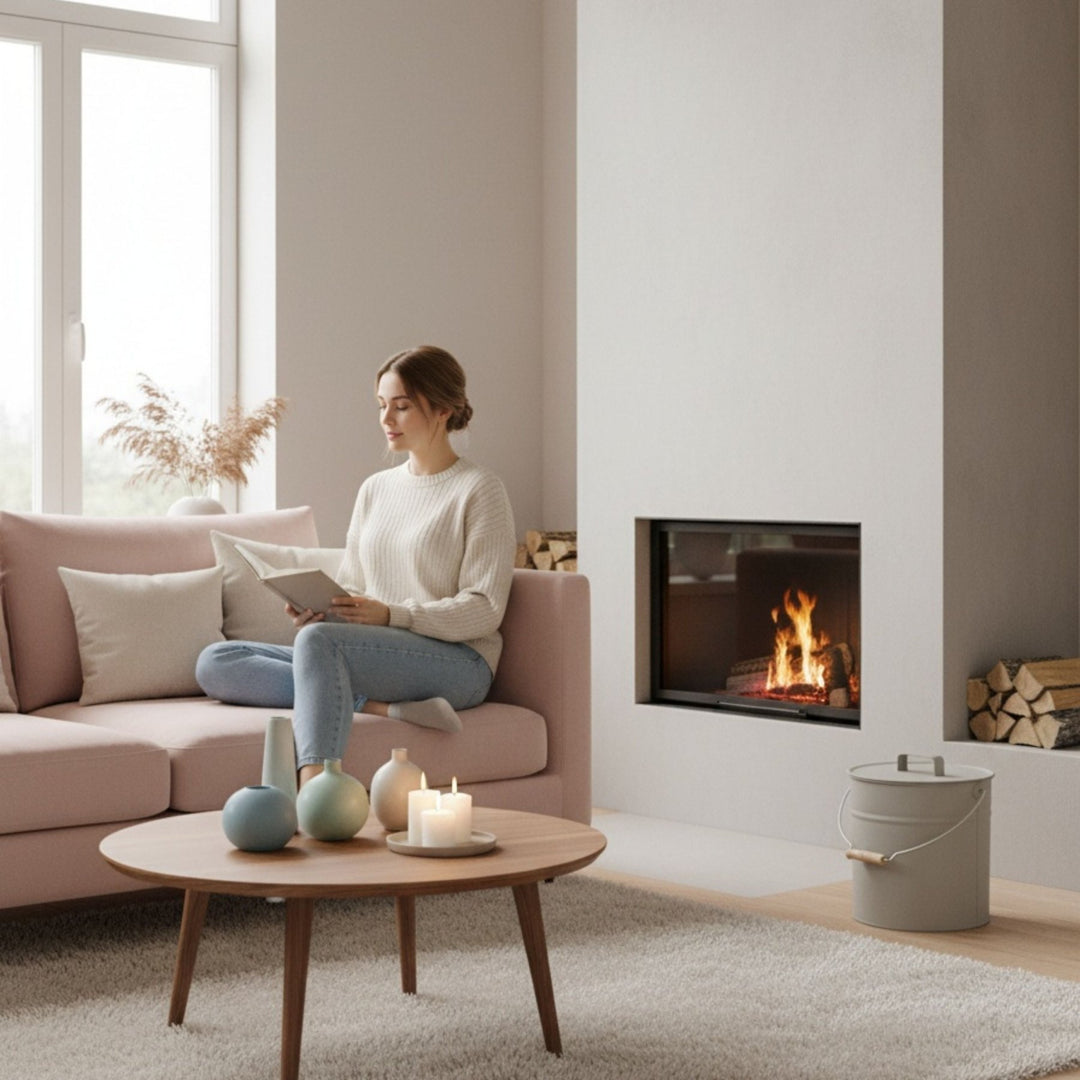 Grauer Metalleimer mit Deckel von LIVLIG, neben einem Kamin mit Holz und einem flauschigen Teppich.
