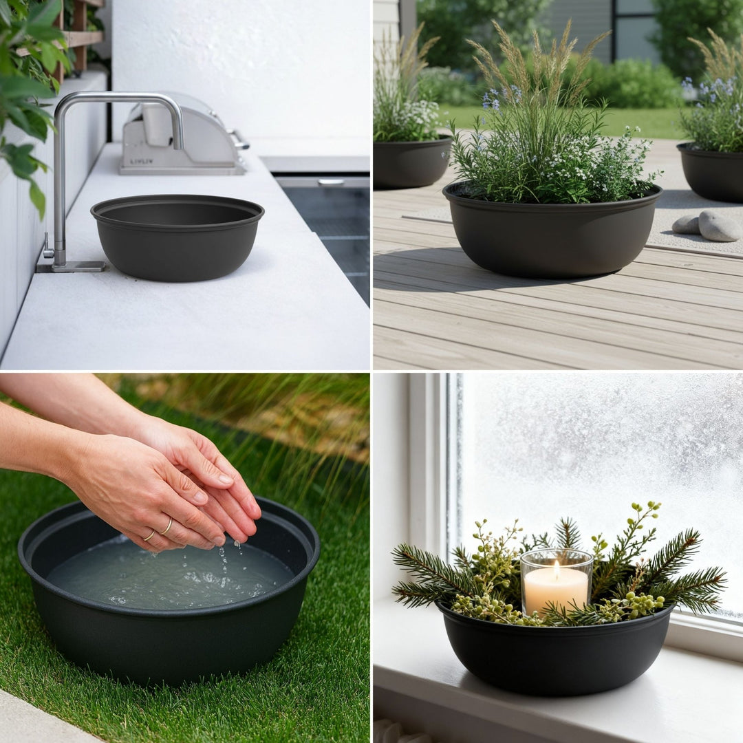 Schwarze Pflanzschale oder Waschschüssel von LIVLIG, verwendet als Dekoration mit Kerze, als Pflanzgefäß mit Pflanzen und als Waschbecken.
