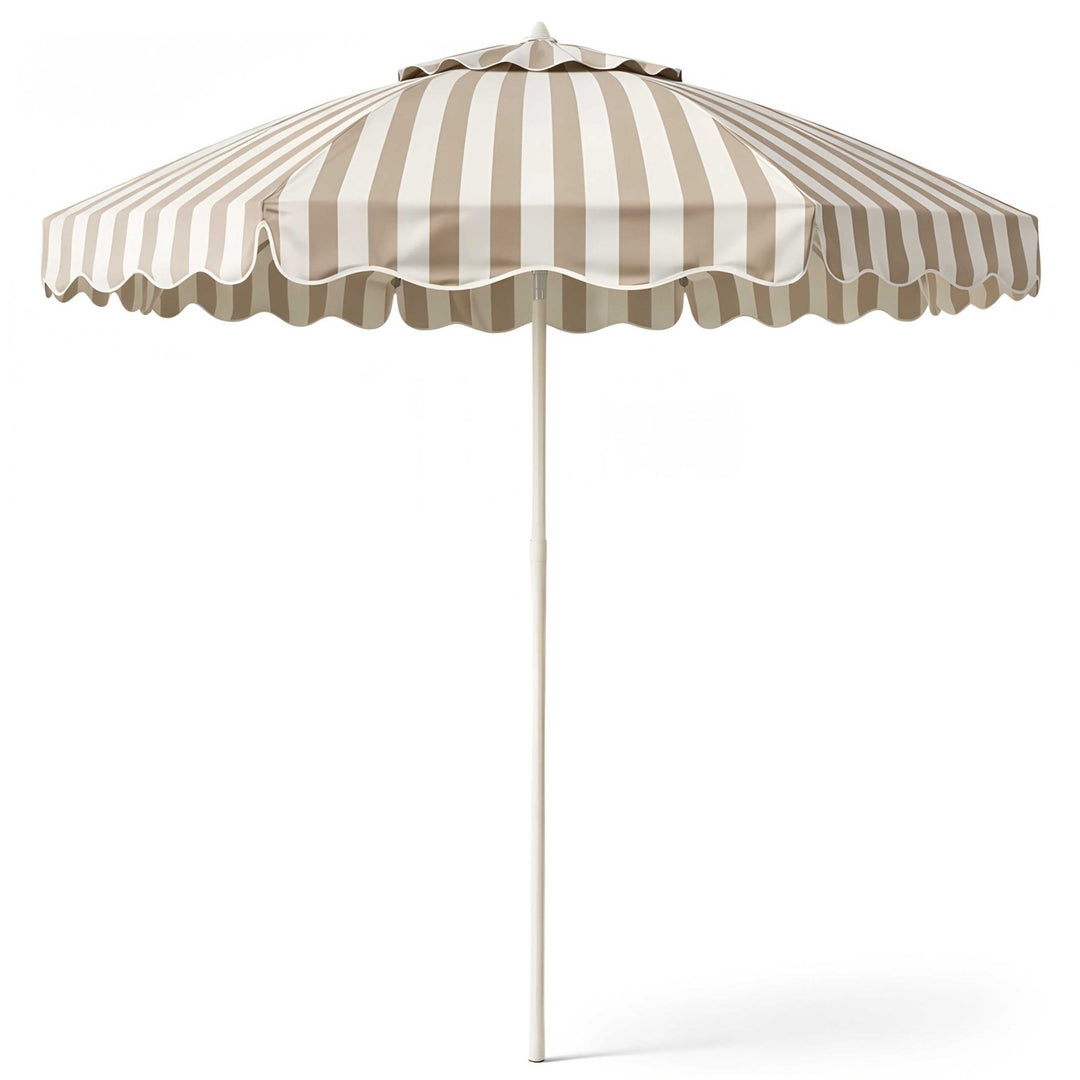 Hochwertiger Sonnenschirm 200cm von LIVLIG mit beigefarbenen und weißen Streifen sowie gewelltem Rand.