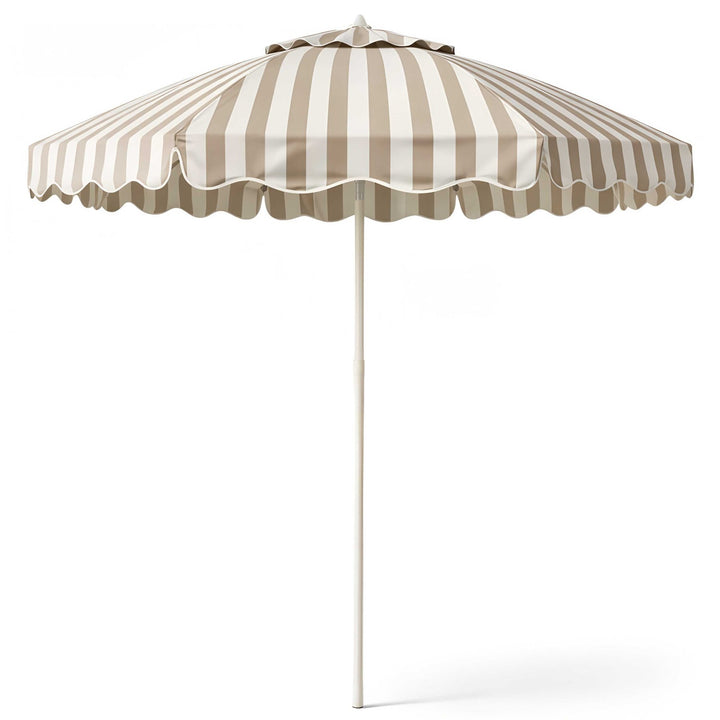 Hochwertiger Sonnenschirm 200cm von LIVLIG mit beigefarbenen und weißen Streifen sowie gewelltem Rand.