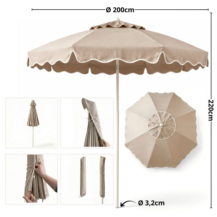 Beiger Premium Sonnenschirm 200cm von LIVLIG, mit weißer Kante, verschiedene Detailansichten und Maßangaben.
