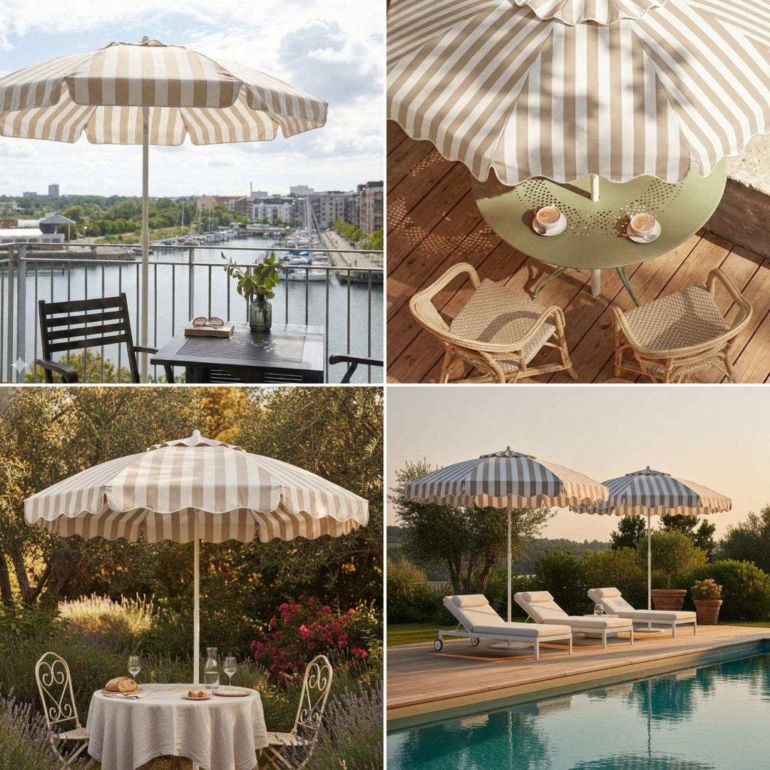 Beigefarbener Sonnenschirm 200cm von LIVLIG, mit breiten Streifenmuster und gewelltem Saum, in verschiedenen Outdoor-Szenarien.
