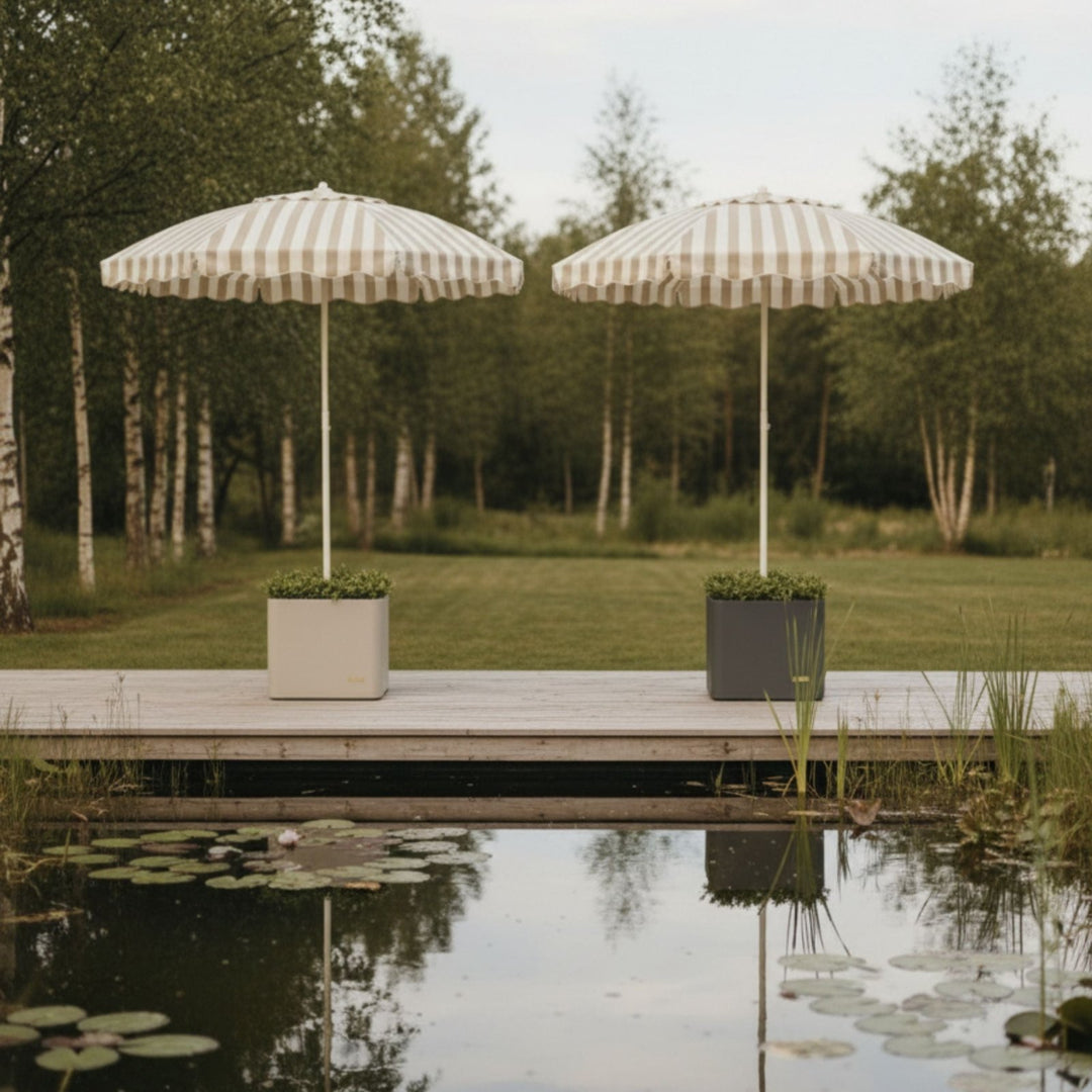 Schirmständer mit Sonnenschirm (200 cm), Sonnenschirmständer, Beige gestreift,LIVLIG