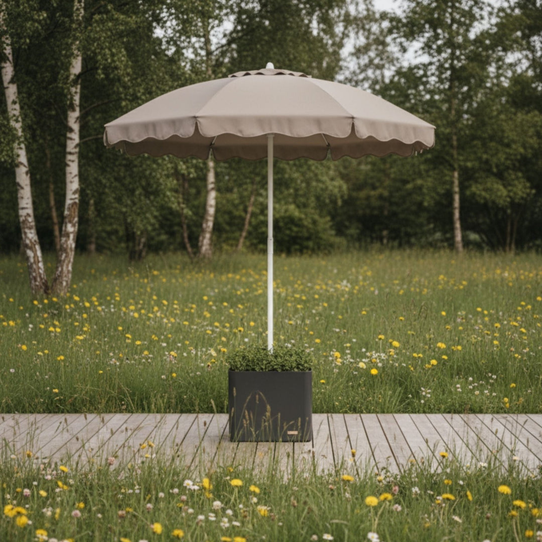 Schirmständer mit Sonnenschirm (200 cm), Sonnenschirmständer, Beige gestreift,LIVLIG