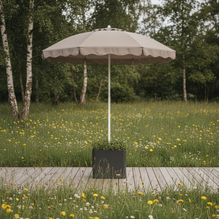 Schirmständer mit Sonnenschirm (200 cm), Sonnenschirmständer, Beige gestreift,LIVLIG