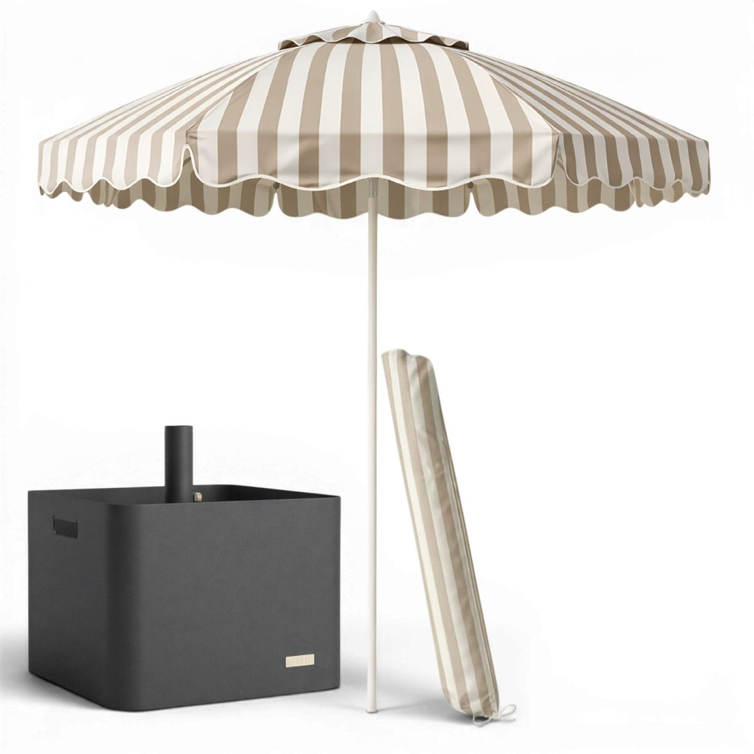 Schirmständer mit Sonnenschirm (200 cm), Sonnenschirmständer, Beige gestreift,LIVLIG