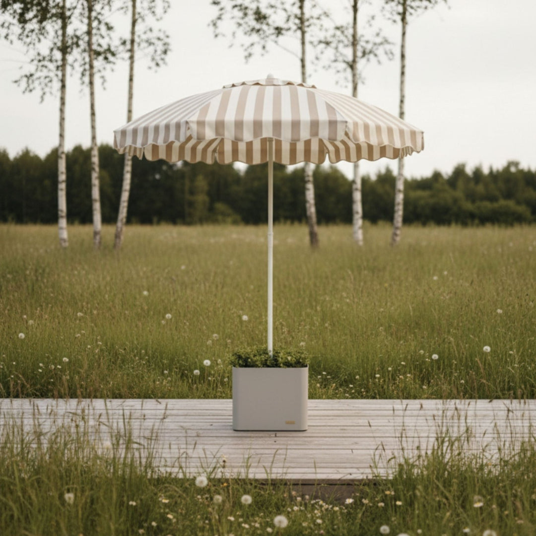 Schirmständer mit Sonnenschirm (200 cm), Sonnenschirmständer, Beige gestreift,LIVLIG