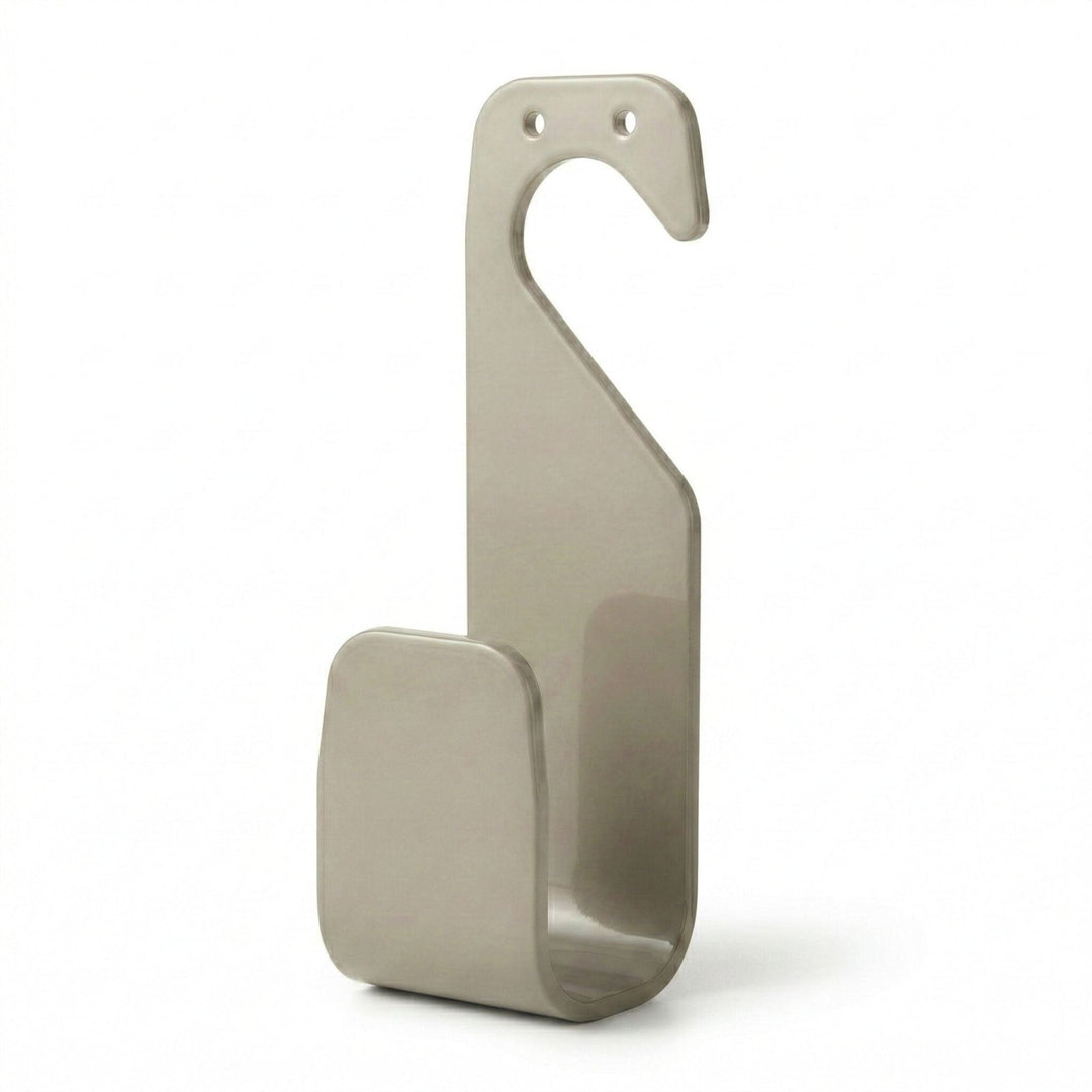 Grauer Schlauchhalter ohne Bohren von LIVLIG mit einer Hakenform und Befestigungslöchern, seitliche Ansicht.