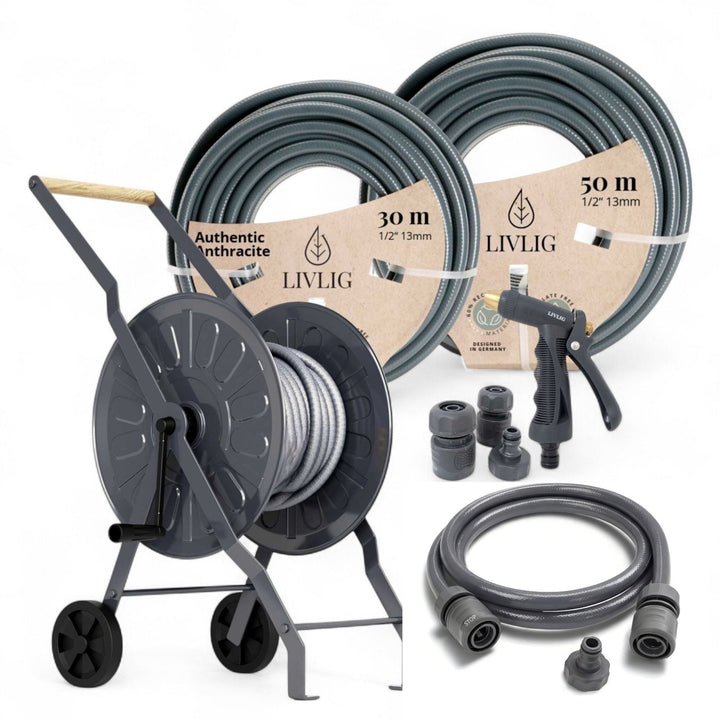 Anthracite garden hose reel set by LIVLIG with 30m and 50m hoses, spray nozzle, connectors, and wooden handle, displayed in product shot