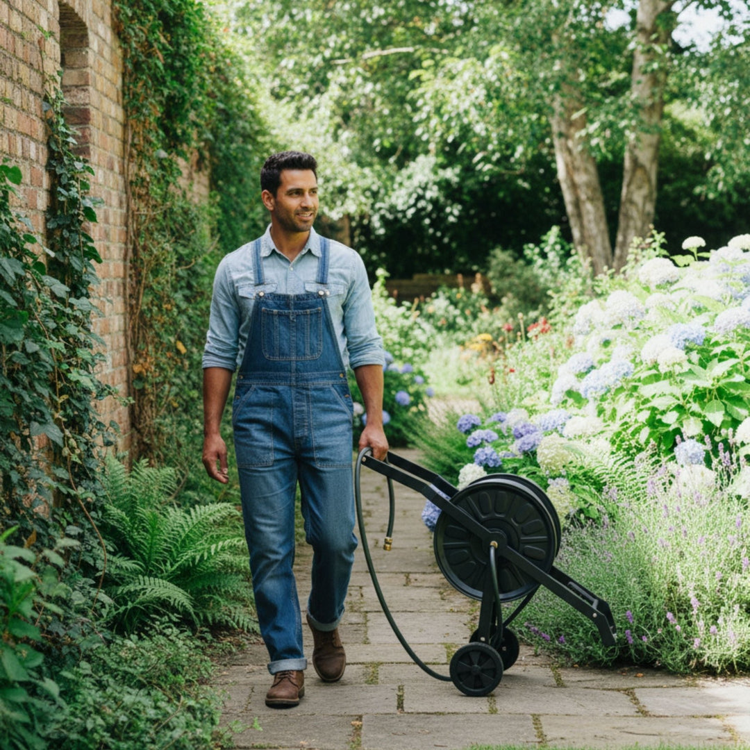 Anthrazitfarbener Schlauchwagen Komplettset Authentic von LIVLIG, gezogen von einem Mann in Arbeitskleidung, in einem Garten.