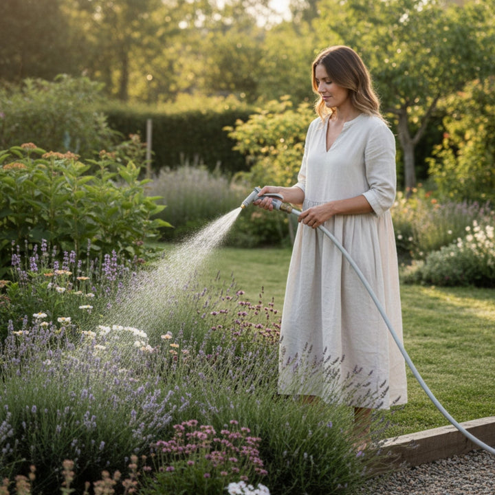 Gartenschlauchwagen-Komplettset Gentle Greige von LIVLIG, mit einer Frau beim Gießen von Blumen im Garten.