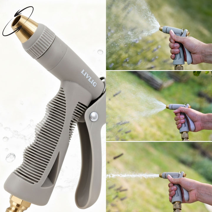 Grauer Schlauchwagen Komplettset Gentle Greige von LIVLIG, mit Drehknopf zur Strahlregulierung und Wasserspritzbildern.
