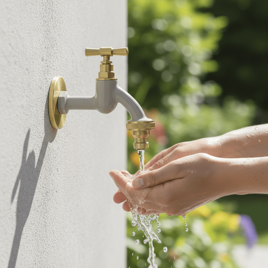 Grauer Wasserhahn Garten mit Rosettengarnitur von LIVLIG, montiert an einer Wand mit Händen darunter, die Wasser auffangen.
