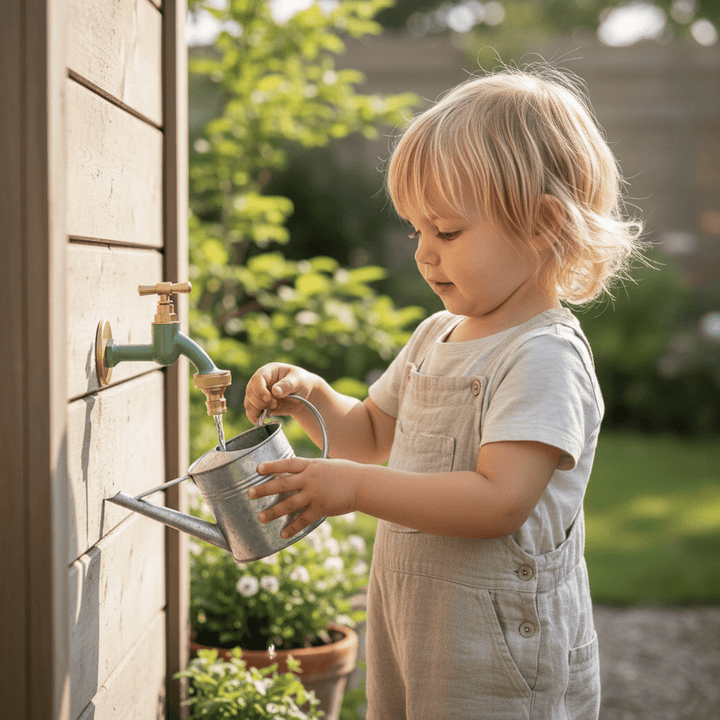 Gartenwasserhahn mit Rosettengarnitur von LIVLIG, aus Messing, mit grünem Finish, im Außenbereich von einem Kind bedient.
